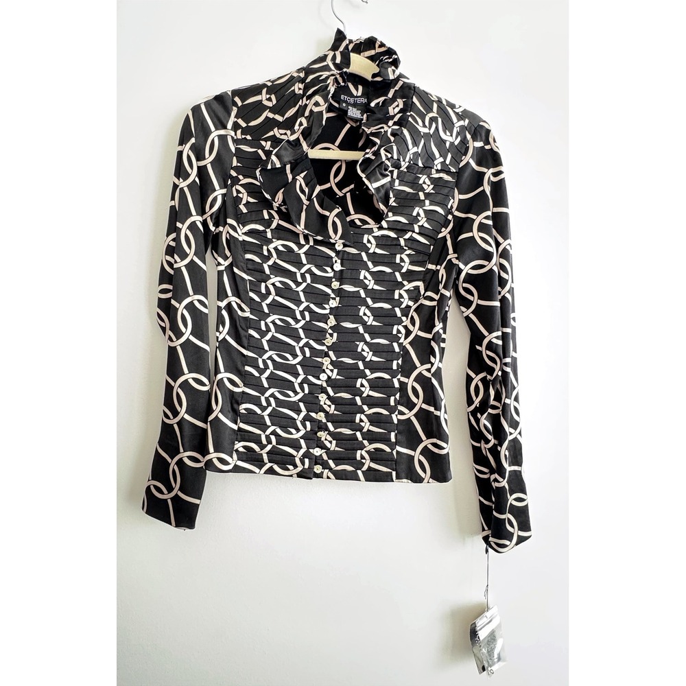 NEW Etcetera Silk Blend Blouse Size 0 Black Chain Print Pleated Ruffle Top